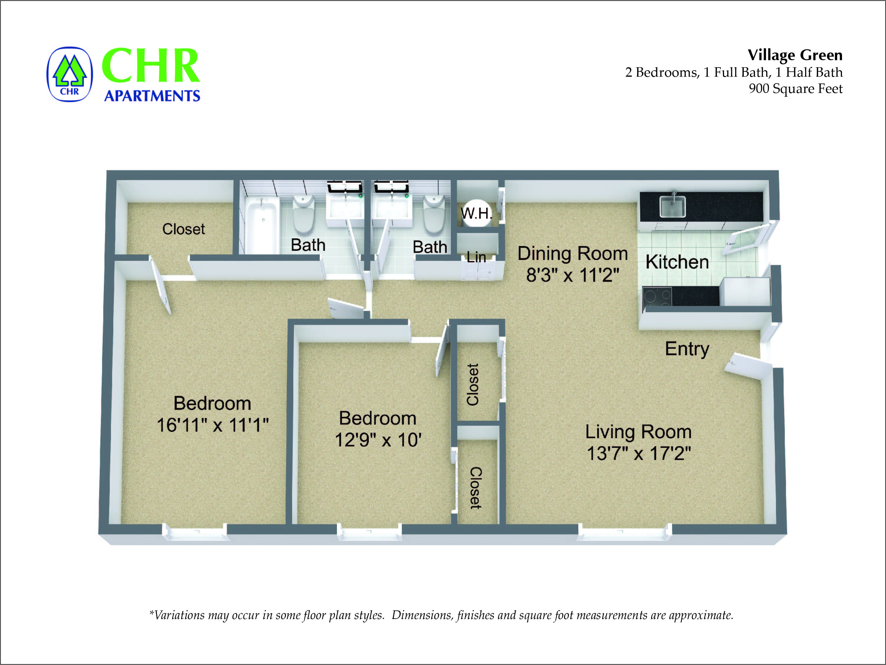 Floor plan for 2 beds, 1.5 baths, 900 sqft